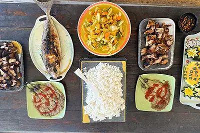 One of the included meals on tour including spread of various vegetable dishes, rice, grilled fish and tropical fruit